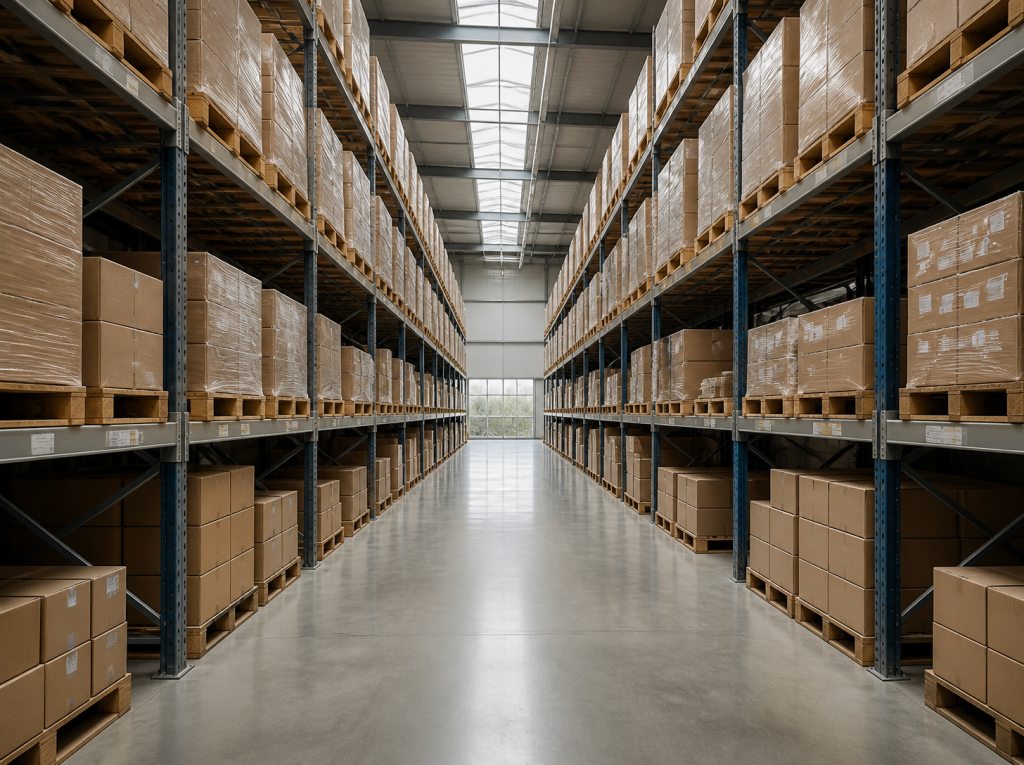 Warehouse aisle with stacked pallets