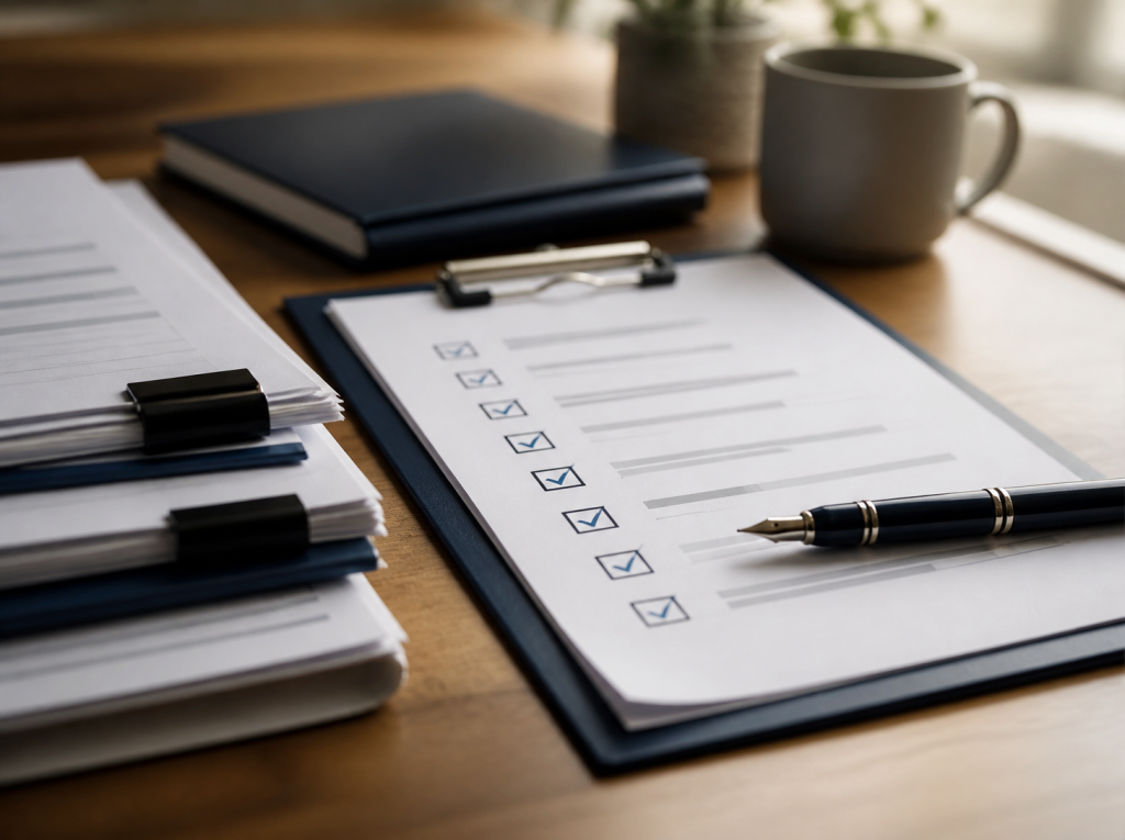 Compliance documents and checklist on a desk