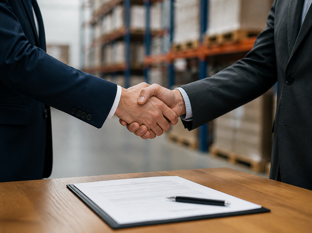 Business handshake over a signed contract